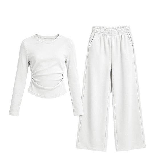hotojiny Girls 2 Piece Outfit Long Sleeve Front Ruched Slim Fit Top Elastic Waist Wide Leg Pants Set Kids Fall Casual Clothes(White,14-15 Years)