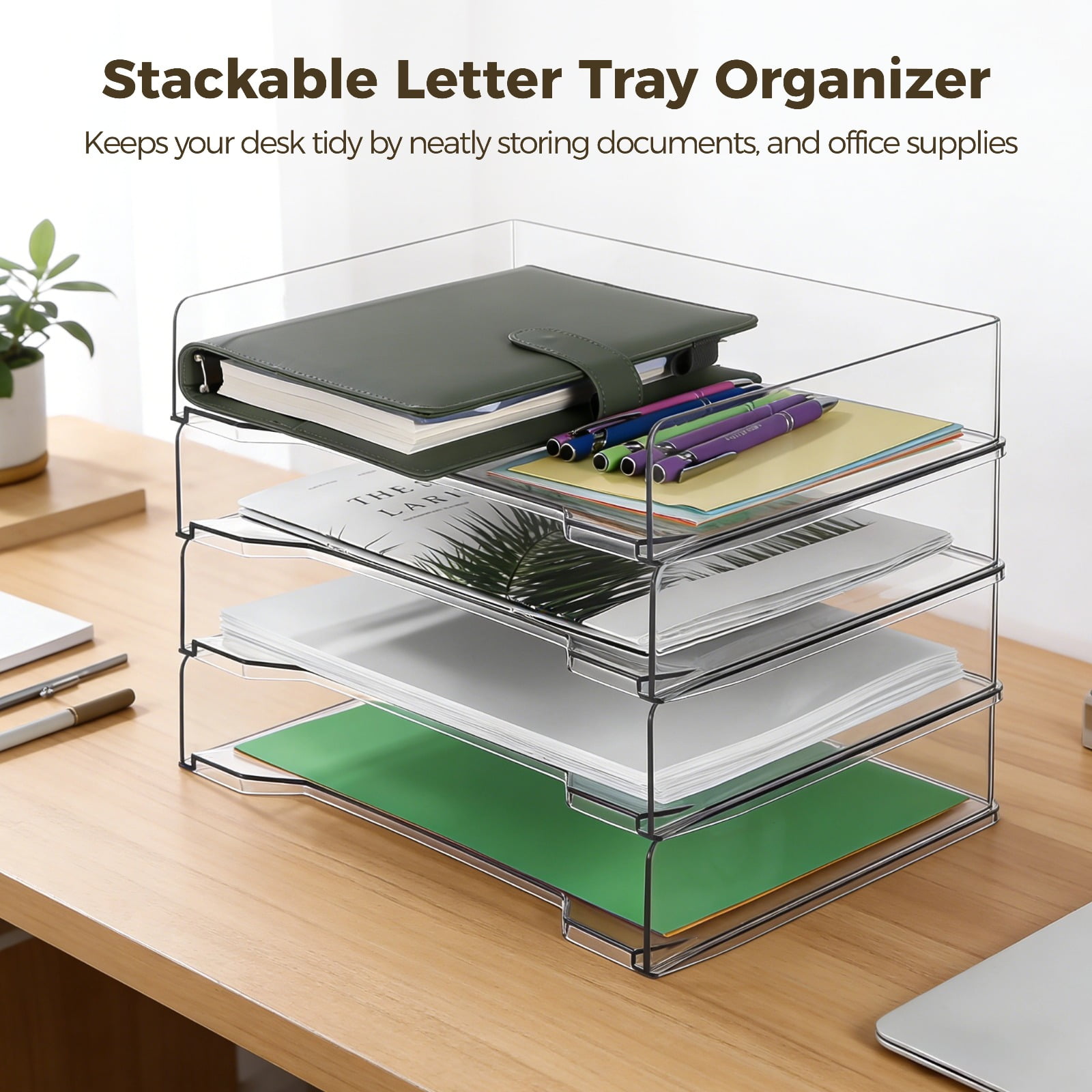 4 Pcs Stackable Letter Tray Organizers, Clear Paper Tray, 13 x 9.4 x 2.6 in Plastic File Organizer, Desktop Document Storage Shelf for Office, School, Home