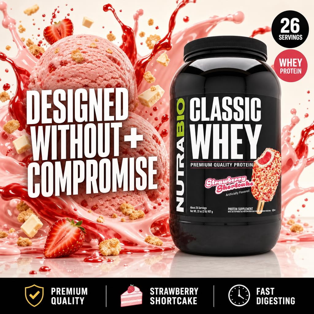 NutraBio Classic Whey Protein Powder Supplement - 25g of Protein Per Scoop - Full-Spectrum Amino Acid Profile with No Fillers, Artificial Colors, or Preservatives - Strawberry Shortcake, 2 Pounds