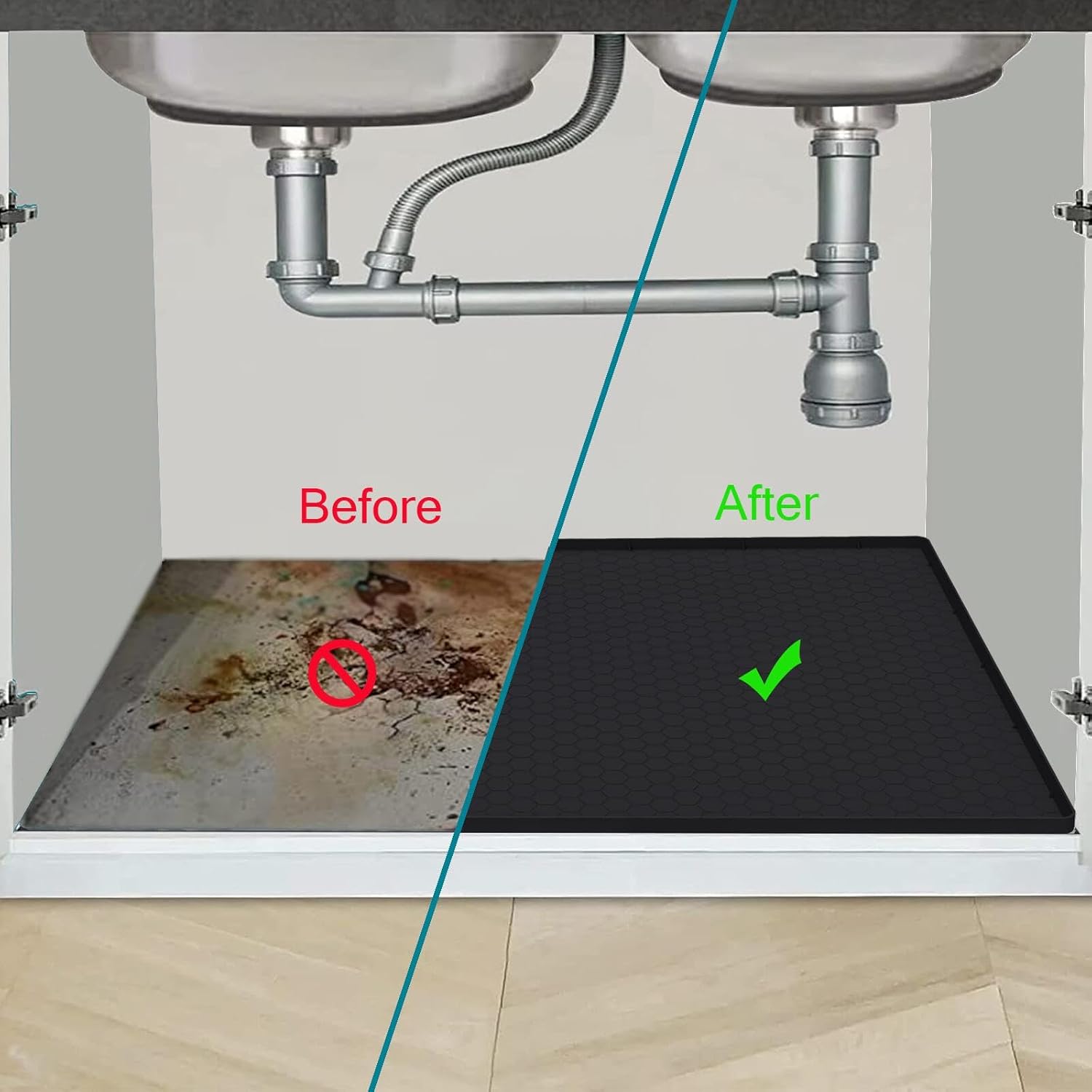 RGHJAR-Under Sink Mat 22 x 19, Silicone Under Sink Protector Mat for Kitchen Waterproof, Easy to Clean Bathroom Cabinet Mat Organizers and Storage, Black