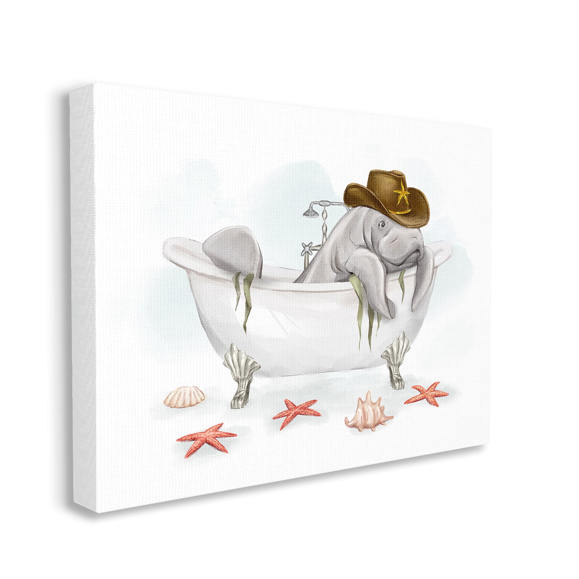 Stupell Industries Cowboy Manatee in Tub Animals & Insects Painting Gallery Wrapped Canvas Art Print Wall Art, 20 x 16