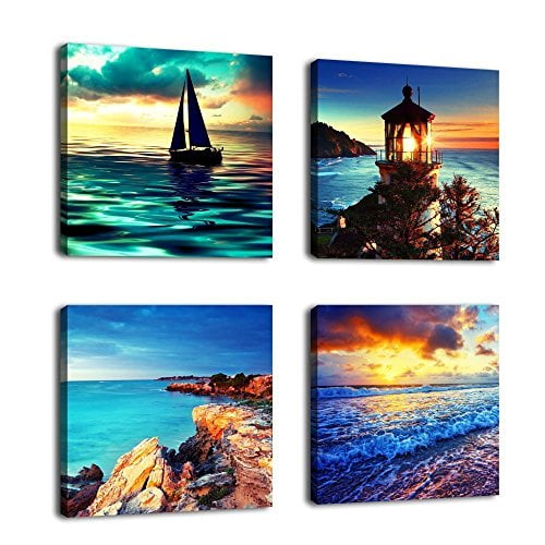 Canvas Wall Art Ocean Sunset Beach Pictures 12 X 12 X 4 Pieces Blue Seascape Canvas Art Sea Shore Nature Modern Artwork Sailboat Lighthouse Framed Ready To Hang For Home Office Decoration