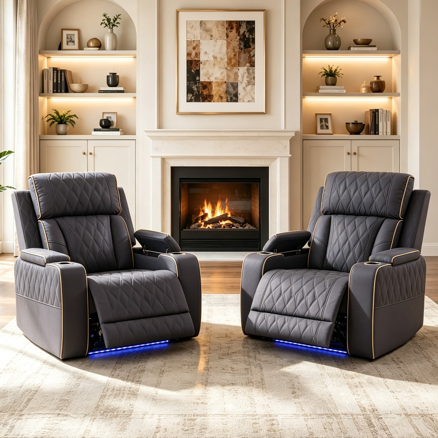 Gewnee Power Recliner Chair, Adjustable Reclining Lounge Chair with USB Ports, LED Lights & Cup Holders, Air Leather Upholstered Single Sofa Recliner for Living Room, Office, Bluish‑Grey