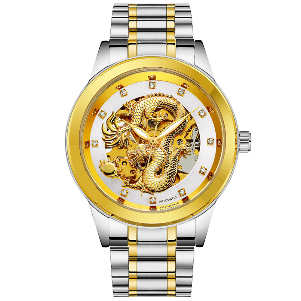 Generic Men's Luxury Full Automatic Mechanical Watch, Golden Chinese Dragon Dial Waterproof