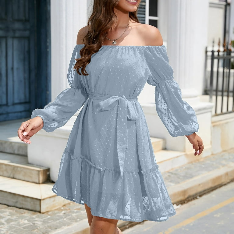 BEEYASO Clearance Summer Dresses for Women Loose Solid Long Sleeve Mini  Off-the-Shoulder Dress Sky Blue XL 