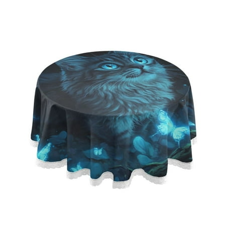 

60 Round Tablecloth with White Lace Trim Wrinkle & Heat-Resistant Table Cover for Dining and Home Decor A Gray Cat