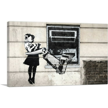 ARTCANVAS ATM Attacking a Girl Canvas Art Print by Banksy - Size: 26" x 18" (0.75" Deep)