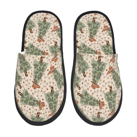 Balery Cowboy Christmas Trees Slient Indoor Furry Fleece Comfort House Shoes Soft Non-Slip Home Shoes Cotton slippers House Slippers-- Large