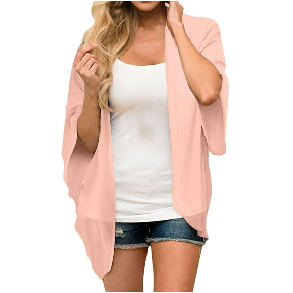 Mrat Cardigan Outerwear with Pockets Laides Solid Puff Sleeve Kimono Cardigan Loose Chiffon Cover Up Casual Blouse Tops Female Button Down Jacket