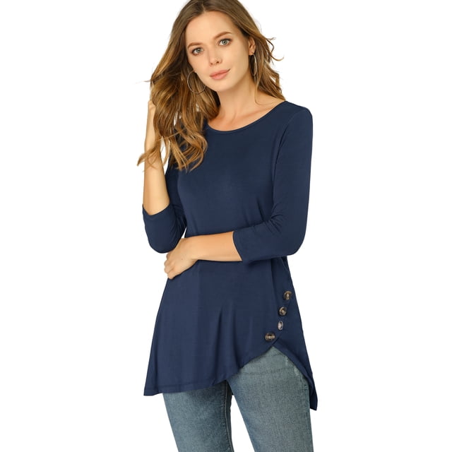 INSPIRE CHIC Tunique Décontractée pour Femme à Encolure Ronde, Manches 3/4, Ourlet Asymétrique