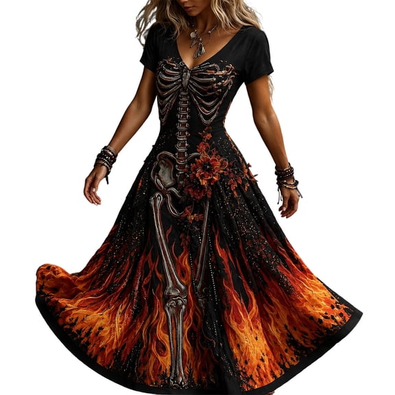 Ovbmpzd Halloween Dresses for Women Plus Size Plus Size Maxi Black Bone Print A-Line Dresses Flowy Short Sleeve V Neck Dresses,M