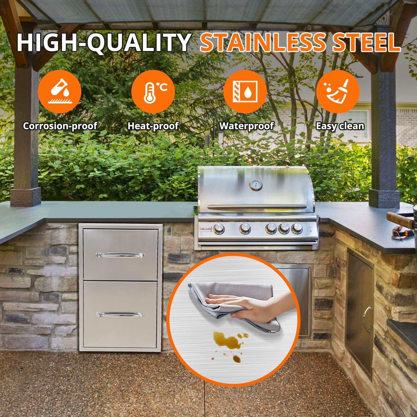 Towallmark 2-Layer Outdoor Kitchen Drawers – Stainless Steel BBQ Storage with Paper Towel Holder