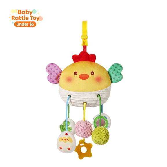 Plush Hanging Baby Soothing Doll Toy, Stroller & Crib Musical Rattle Pendant with Teether and Pull Rings, Baby Rattles Toys for 0-6 Months Infant 0-36 Months, Early Developmental Baby Birthday Gift