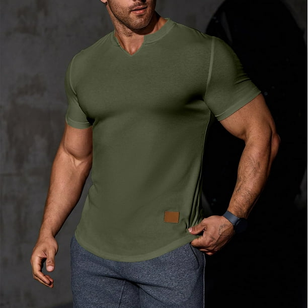 pstuiky camisetas camisas para hombre, Camisa informal de manga corta con cuello en V y textura vertical de color liso para hombre camisas casuales para hombre xl