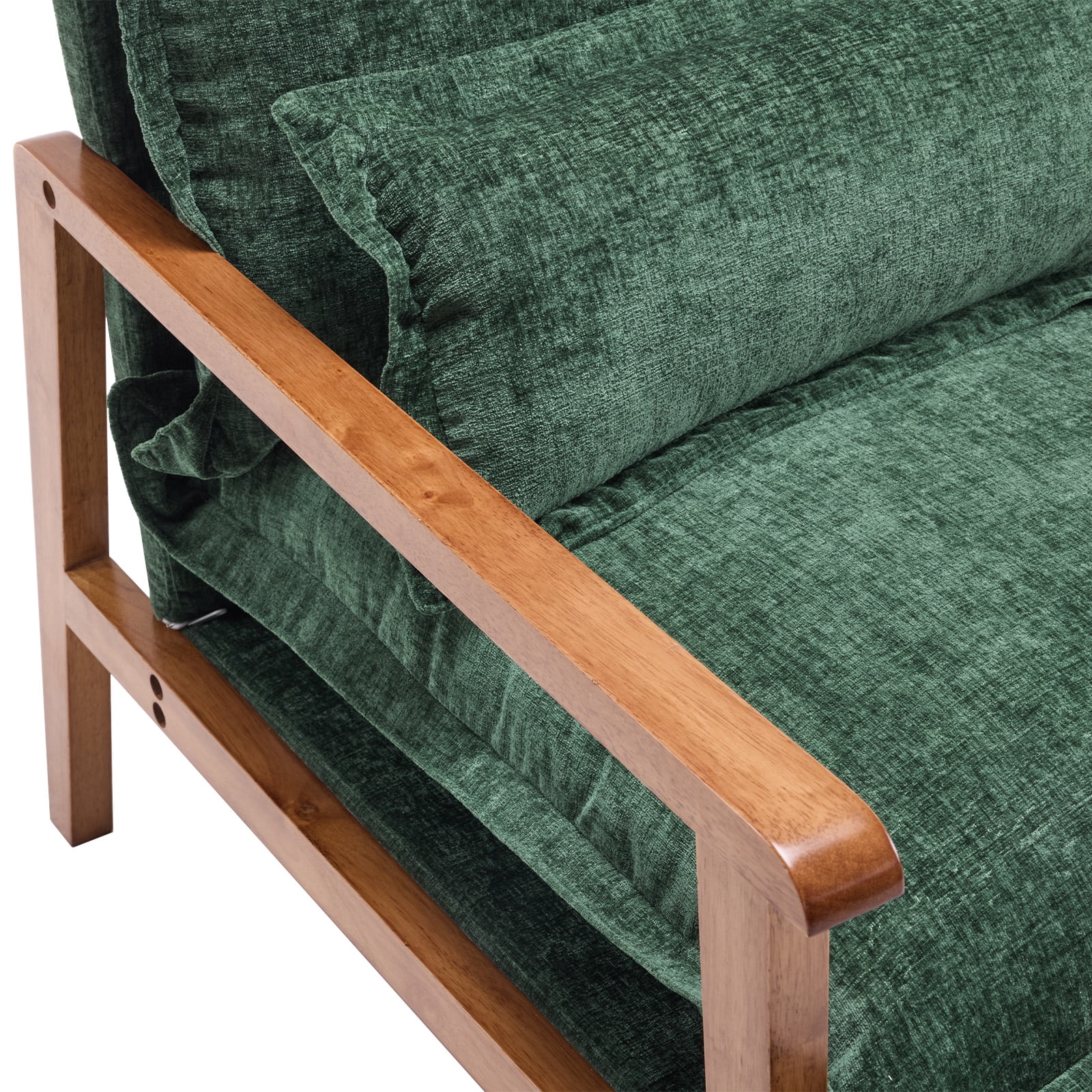Cloud Shaped Dark Green Chenille Accent Chair, Solid Wood Frame with Walnut Armrest, Ergonomic Single Leisure Sofa Chair with Lumbar Pillow for Bedroom Living Room Office