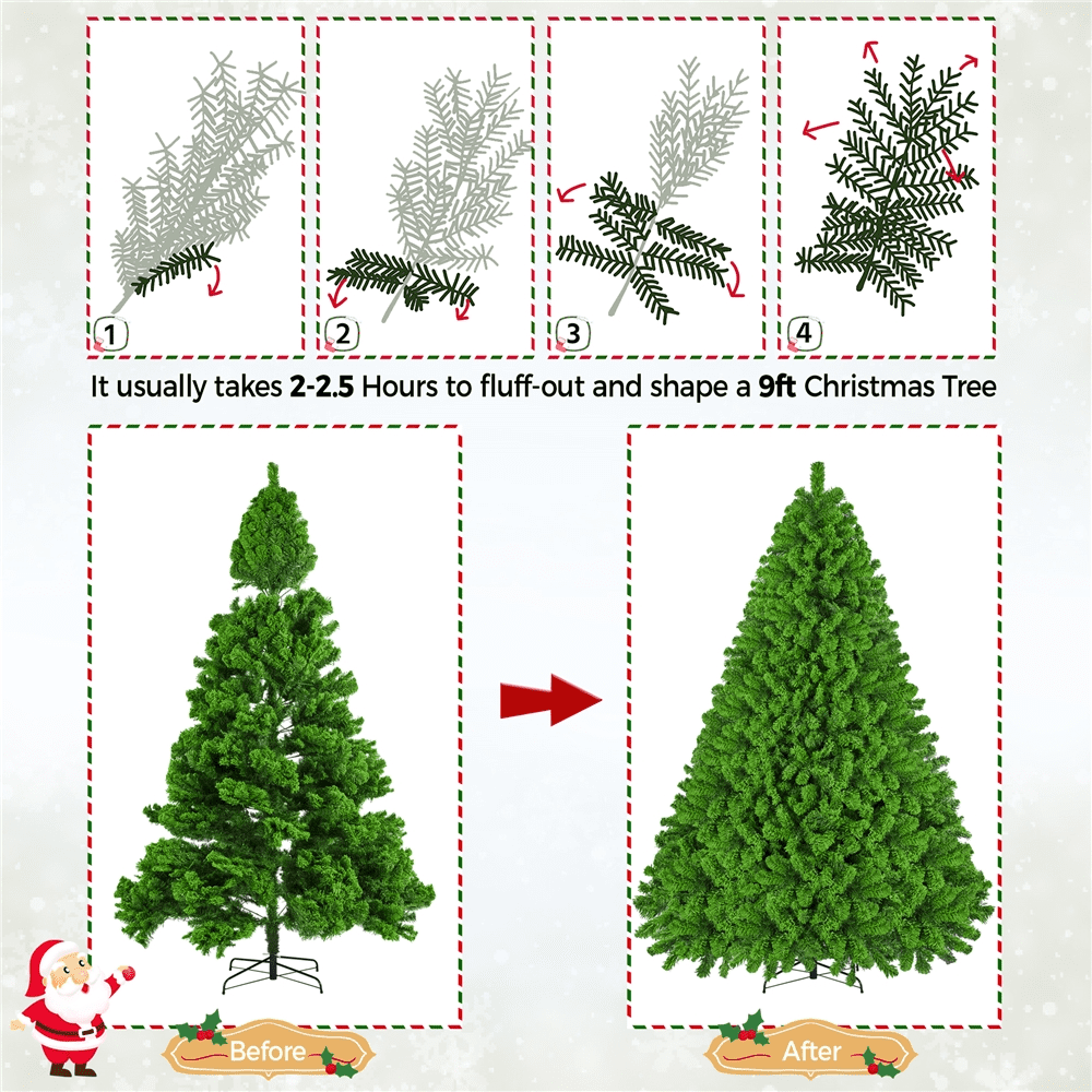 Alden Design 9Ft Pre-lit Flocked Artificial Christmas Tree with Incandescent Warm White Lights, Pure Green