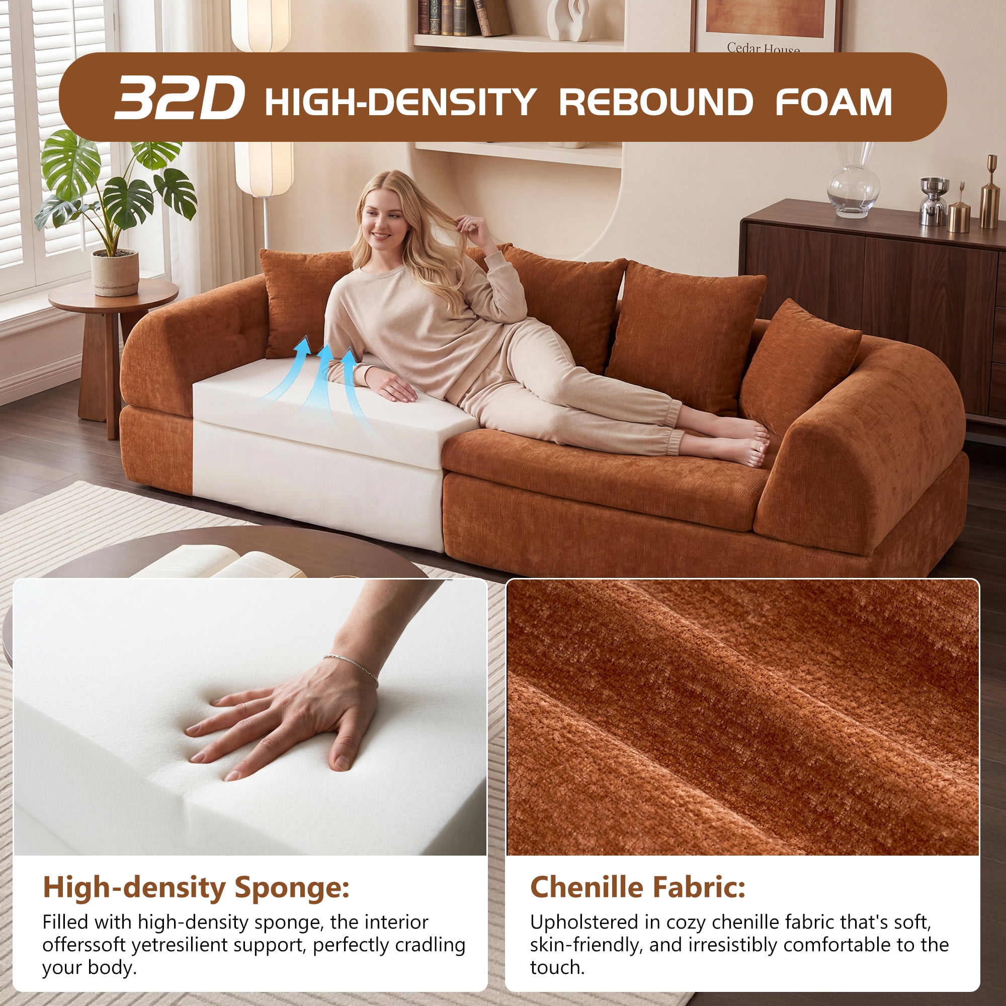 Leumius Cloud Sectional Sofa,3 Seater Boneless Couch with Deep Seat,Modern Sofa with 5 Pillows for Living Room Bedroom,No Assembly,Orange