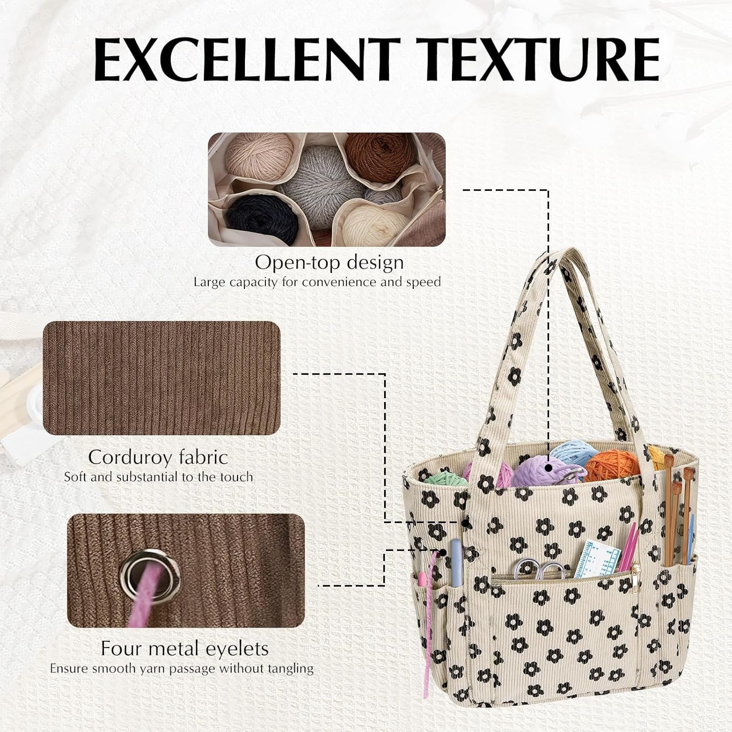 Crochet Bag, Corduroy Tote Bags with  Holders Grommets, Large Capacity Four Compartment Yarn Storage for Women