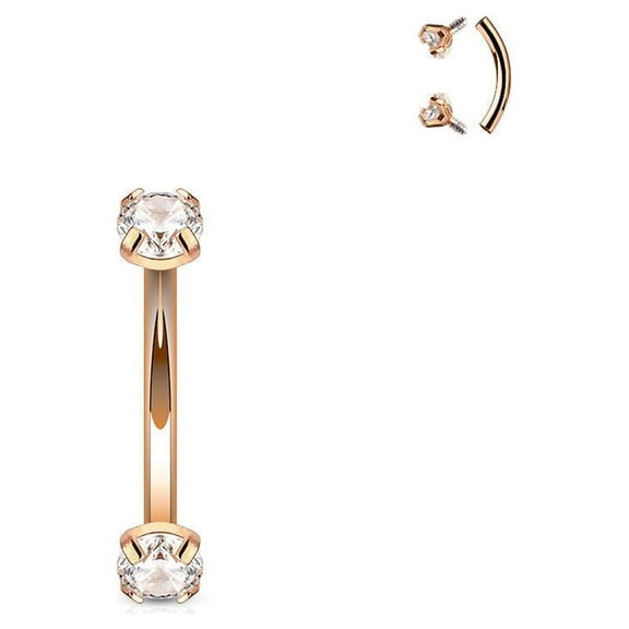 Eyebrow Ring Curved Steel Barbell Internally Threaded Prong Set Clear CZ 16G