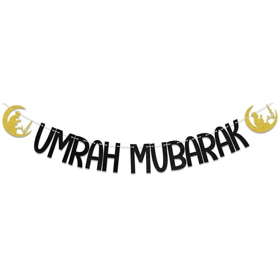 Umrah Mubarak Banner, Muslim Eid Party Decorations, Eid Mubarak Banner, Haji Mubarak Party Decor, Islamic Festival Party Decor Supplies Black Gold