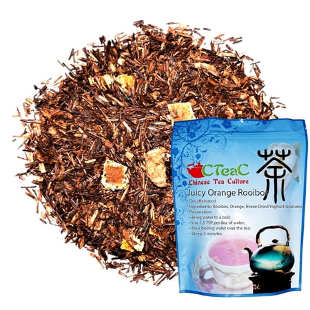 Chinese Tea Culture Juicy Orange Rooibos, decaffeinated, taste is similar to a hard candy that has fine sweet, orange notes a fresh aromatic composition, delicious for hot or iced, loose leaf tea, 8oz