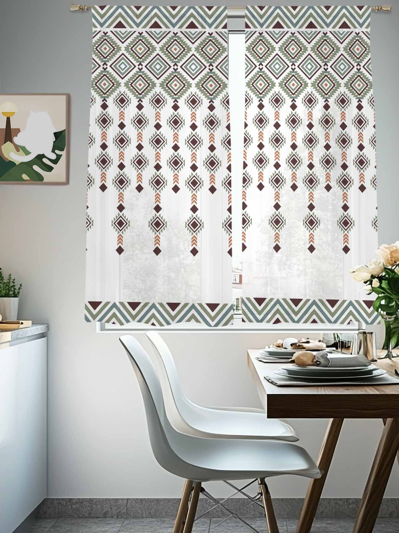 Sheer Curtain Panels Boho Diamond Voile Window Curtains Bohemian Geometric Stripes Beads Window Treatments Ligh Filtering Privacy Curtain Drapes for Bedroom Living Room 2 Panel Set 63 Inch