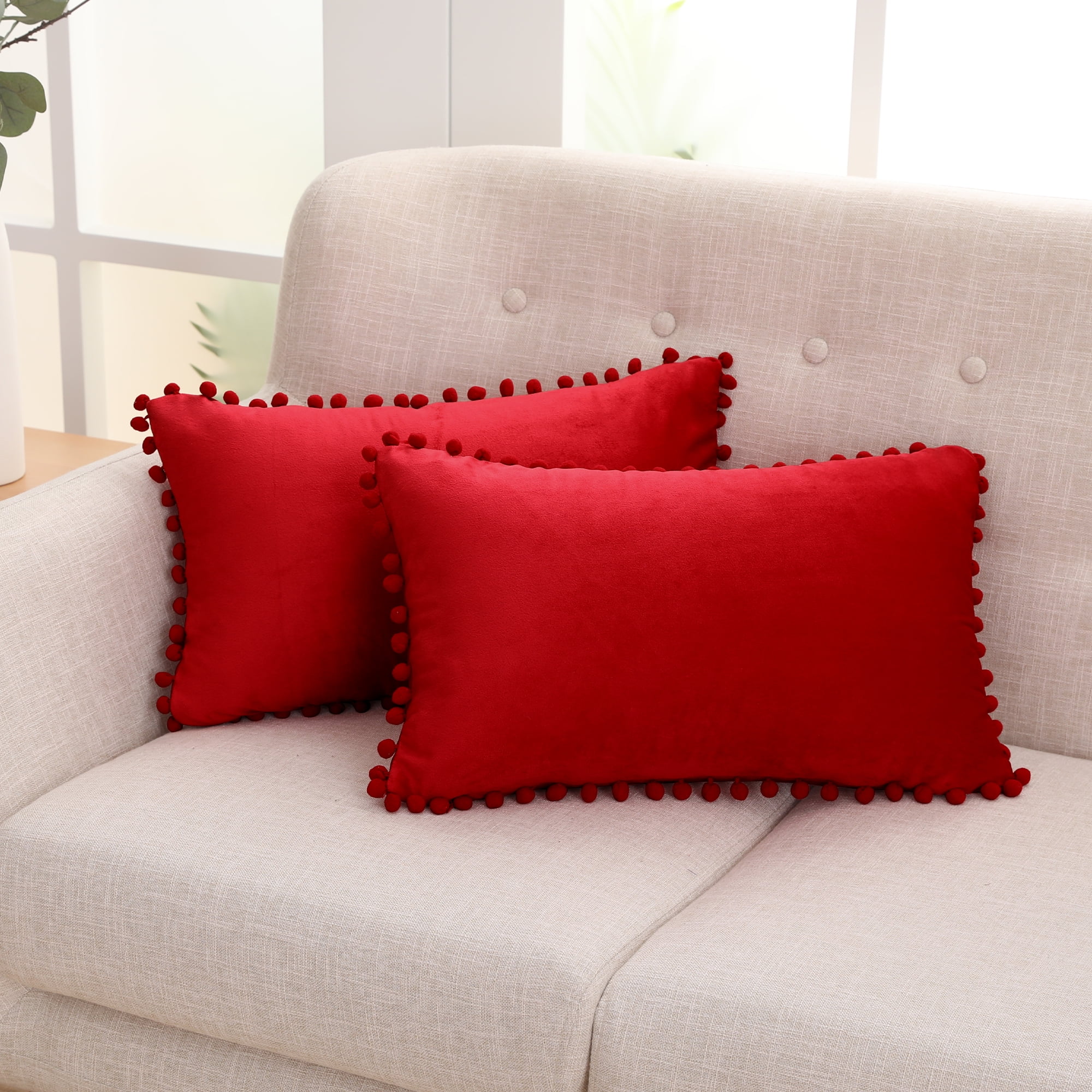 Deconovo Lumbar Pillow Covers Velvet Decorative Holiday Pillow Covers Pom Poms Pillow Covers for