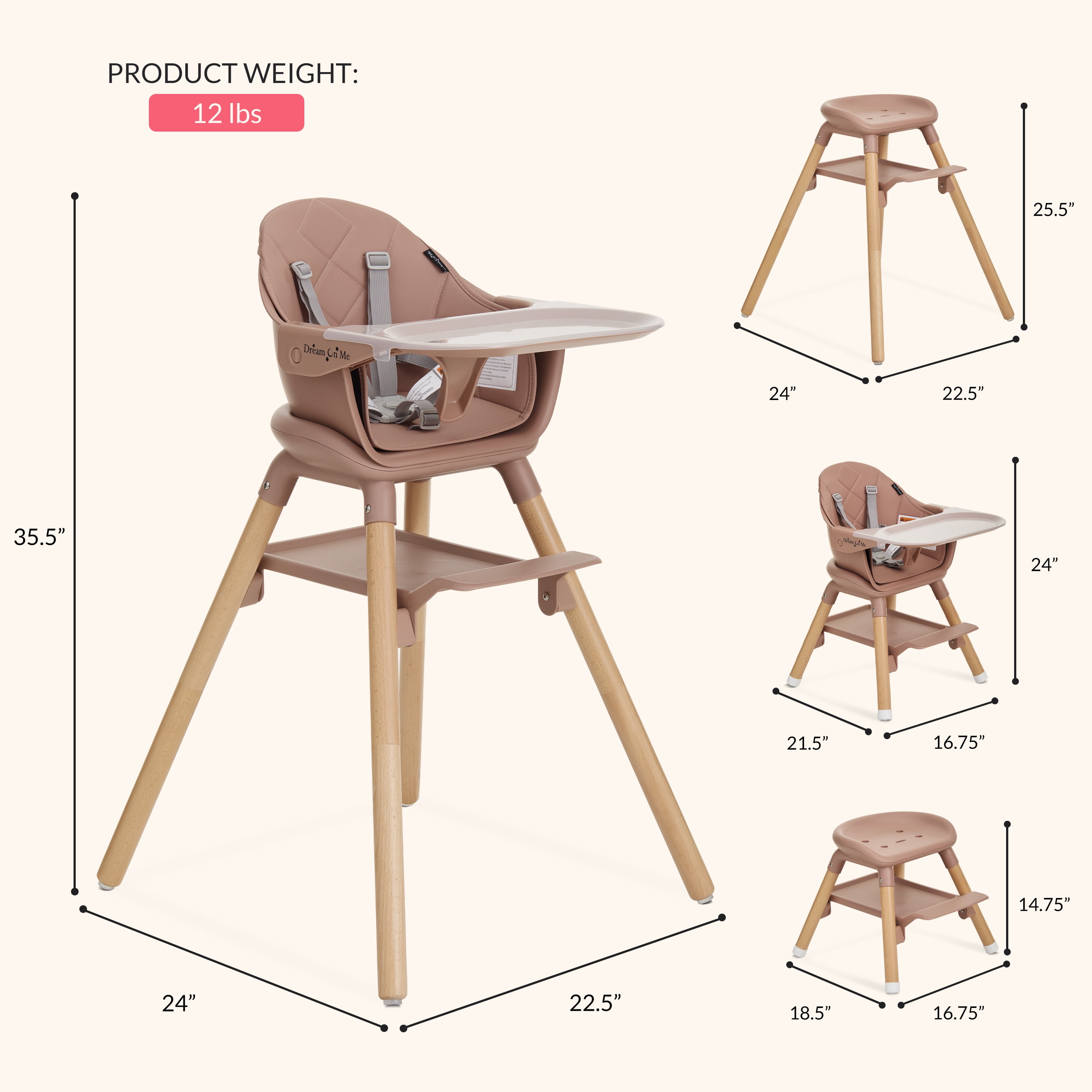Dream On Me Nibble Nest 3-in-1 Highchair, Pink