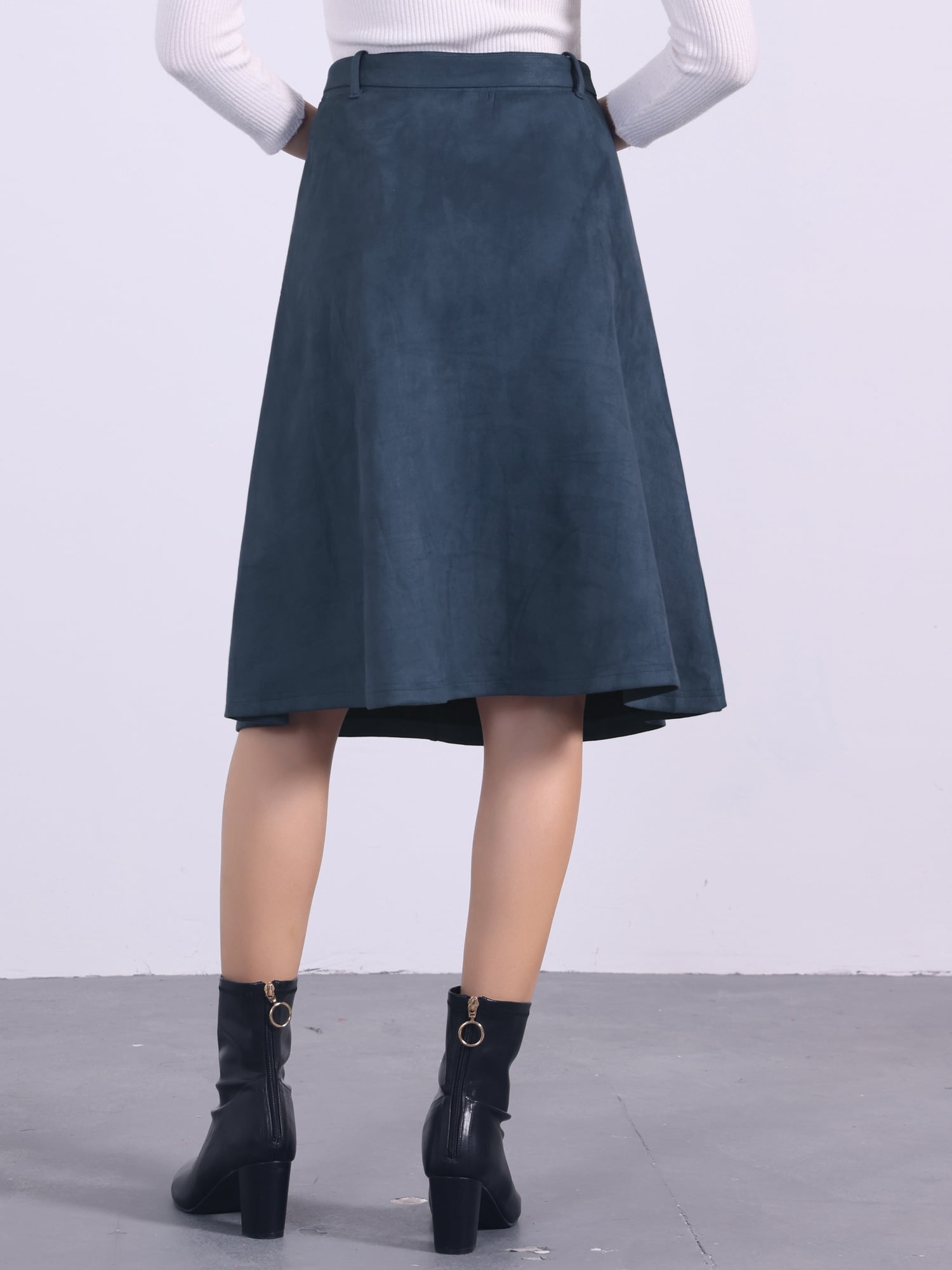 DARING DIVA Women's Faux Suede Pockets Stretch A-line Midi Skirt with Belt M Dark Blue