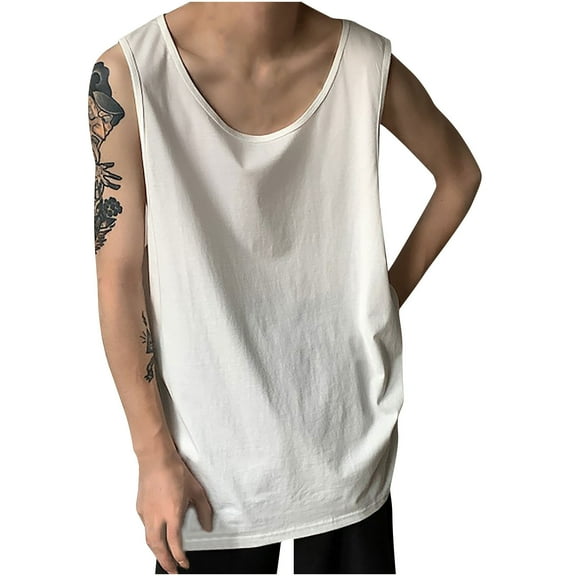 HOOMEUMY Men's Summer Casual Tank Top Fitness Solid Color Loose Fit Basic Scoop Neck Sleeveless Vest UnderVest White M