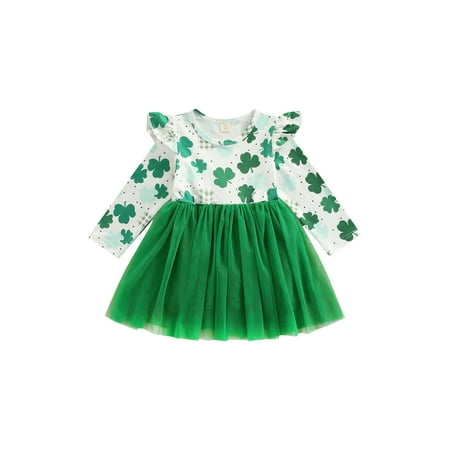 

Suanret Toddler Baby Girls St. Patricks Day Dress Ruffle Long Sleeve Lucky Clover Patchwork Tulle Tutu A-Line Dress Green 4-5 Years