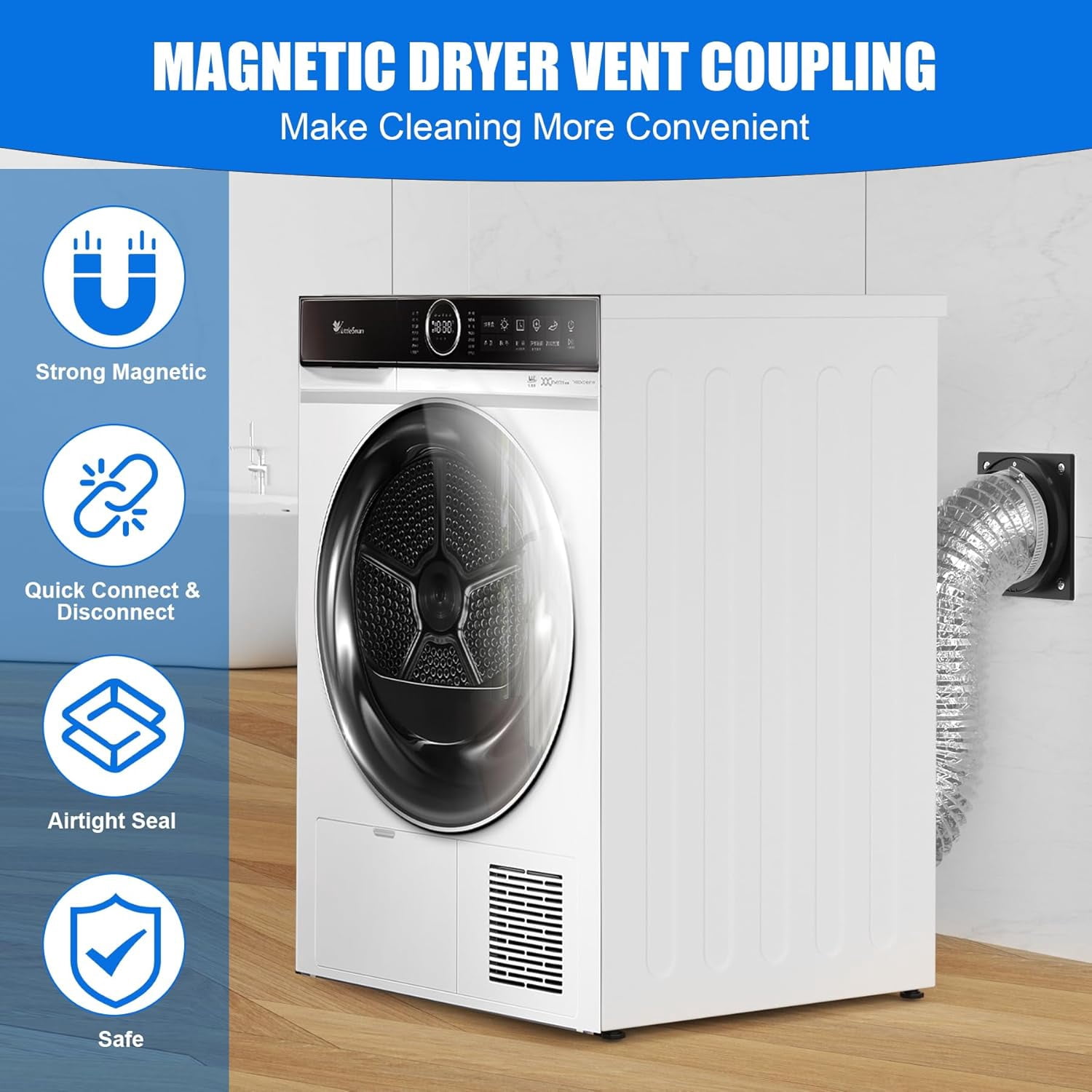 Magnetic Dryer Vent, Airtight Seal Magnetic Dryer Vent Connector Kit Strong Magnet Dryer Vent Quick Connect Disconnect Easy to Clean Flexible Hose 4" Exhaust Duct Adapter Attachment with Clamp Screw