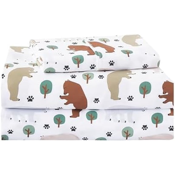Kids Sheet Set Twin Size, Twin Sheet Set with Forest Bear Pattern,Breathable Silky Soft Microfiber Kids Fitted Sheet