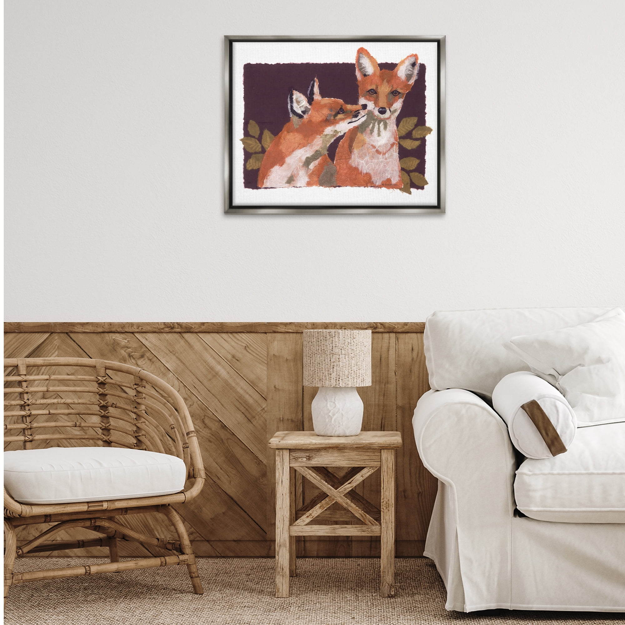 Stupell Industries Woodland Foxes & Leaves Animals & Insects Painting Gray Floater Framed Canvas Art Print Wall Art, 31 x 25