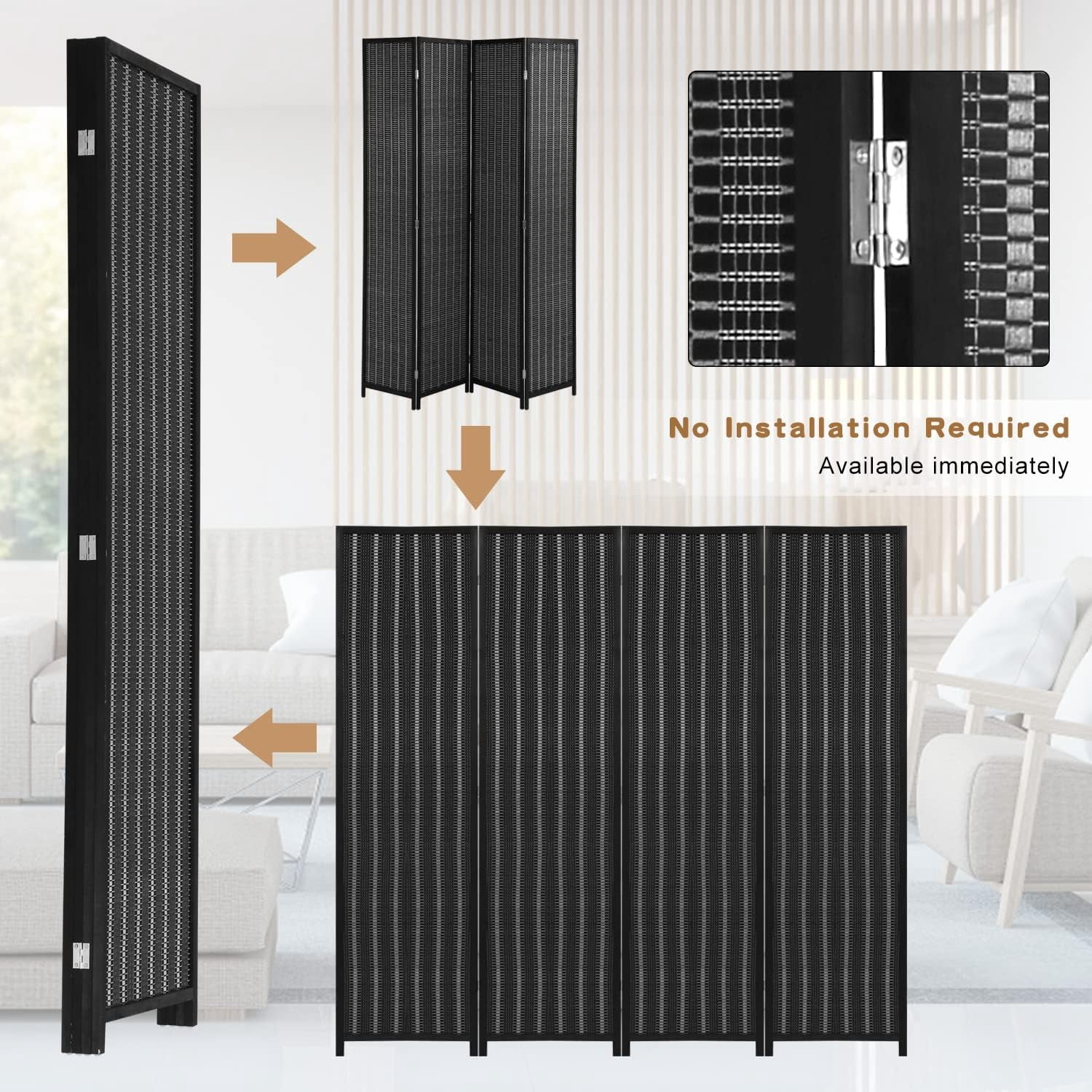 XF XINFENG Bamboo Room Dividers 4 Panel 72" Tall Folding Privacy Screen Partition Wall Divider for Living Room, No Assembly Needed, Black