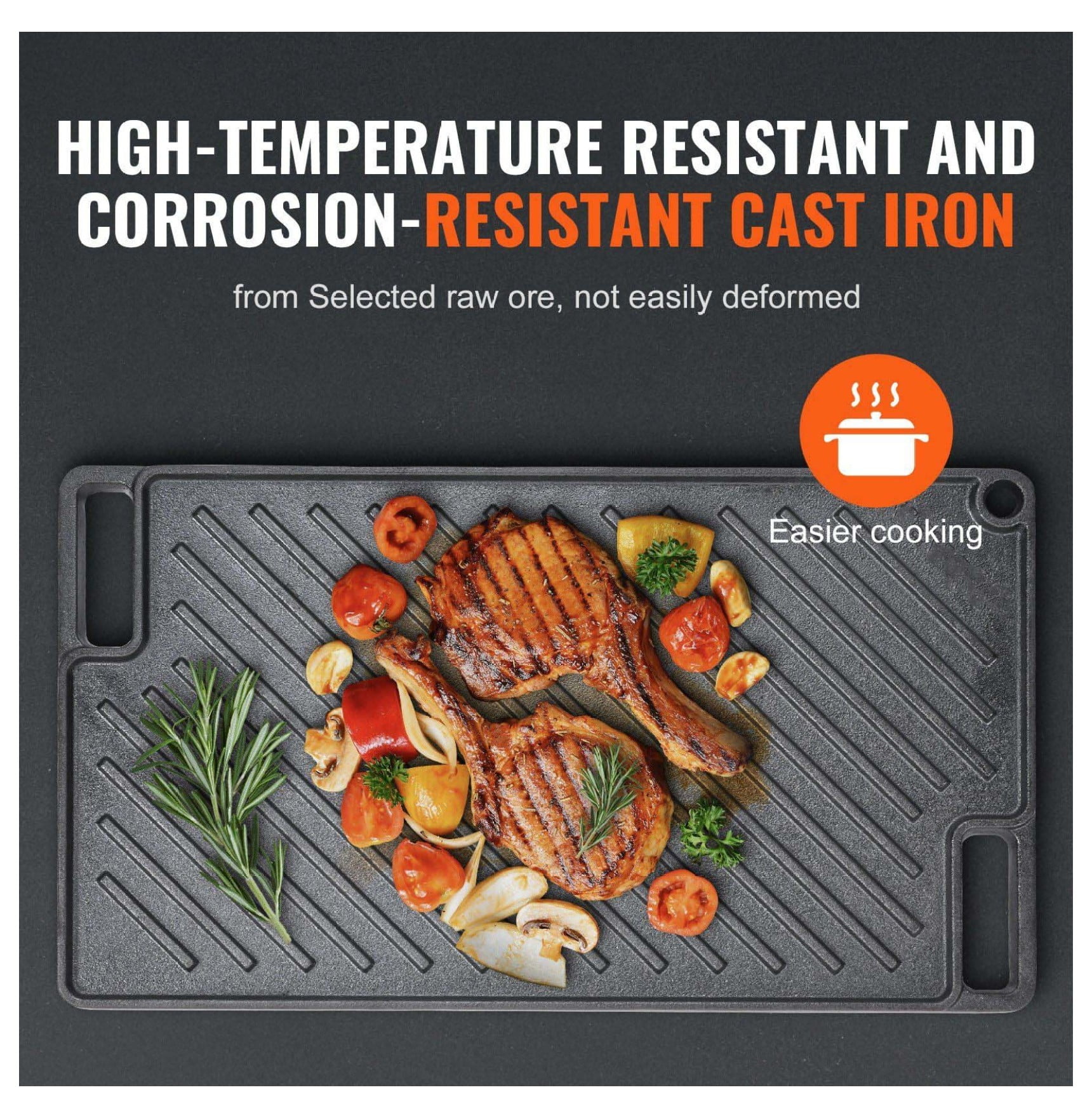 Cast Iron Griddle 9.7x16.7", Pre-Seasoned Double Burner Grill Pan, Non-Stick Flat Top for BBQ, Stove Top, Gas Grill - Black