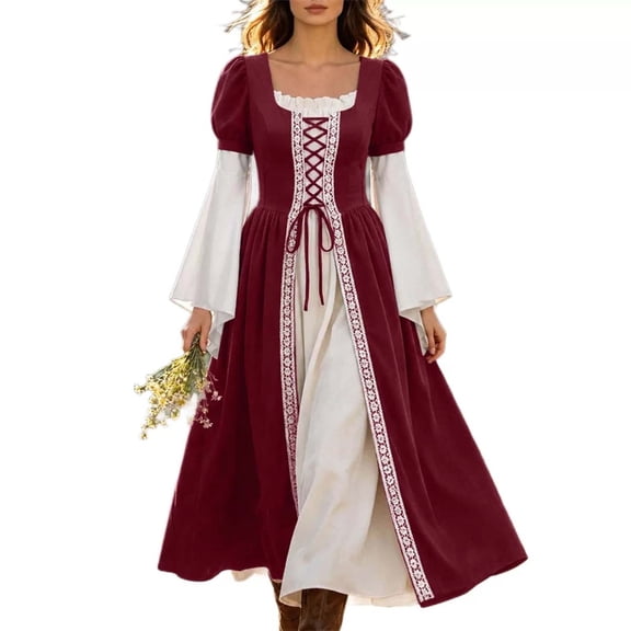 Kilaqueen Women’s Renaissance Color Block Maxi Dress with Lace Up Bodice and Bell Sleeves, Medieval Costume Gown for Festivals and Theme Parties