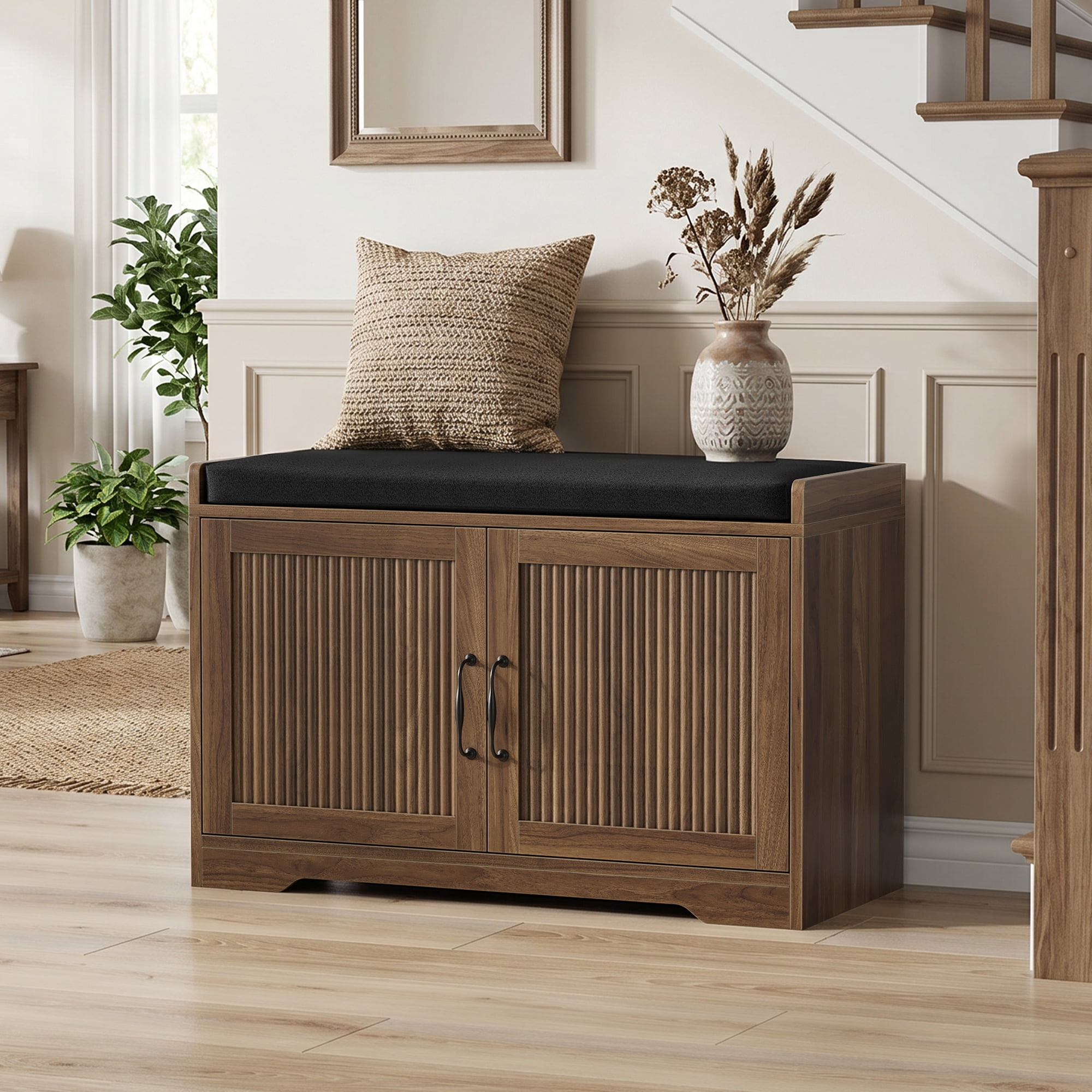 31.5 Inch Walnut Entryway Shoe Storage Bench with Double Doors & Upholstered Cushioned Seat, MDF Hallway Shoe Organizer Bench for Entrance Walk-In Closet