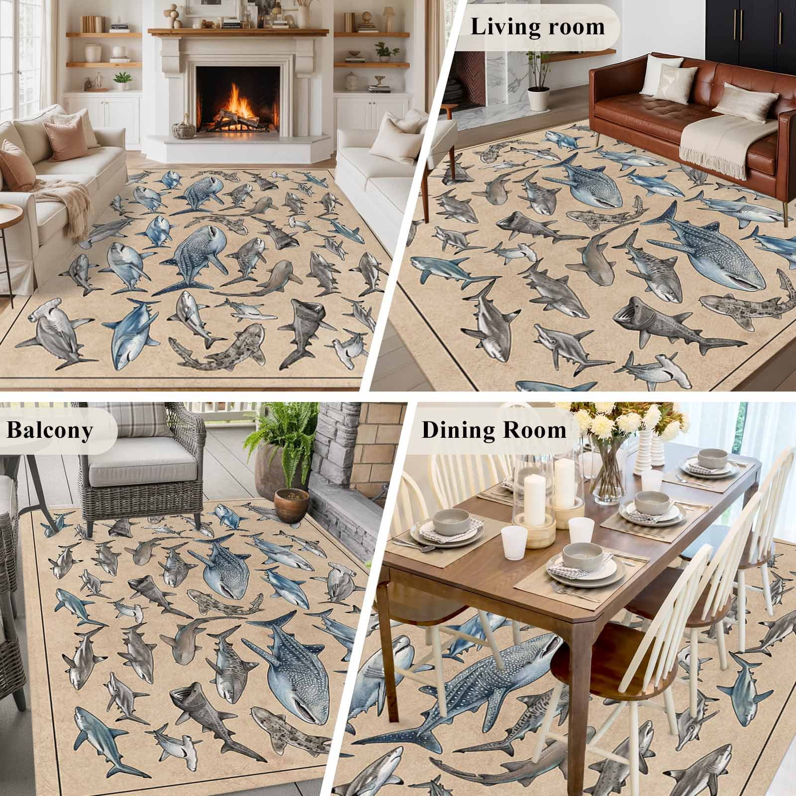 Large Area Rugs for Living Room Bedroom, Ocean Sharks 5'x8' Rug Washable Carpet Runner Indoor Outdoor, Vintage Coastal Underwater Animals Brown Non Slip Floor Mats Rug for Kitchen, Bathroom