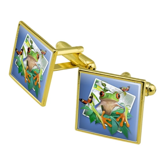 Tree Frog Selfie Picture Rainforest Square Cufflink Set - Silver or Gold