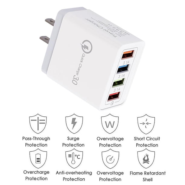 4 USB Travel Wall 3A Cargador de carga rápida Adaptador de enchufe de EE. UU. (Gris) 5PCS