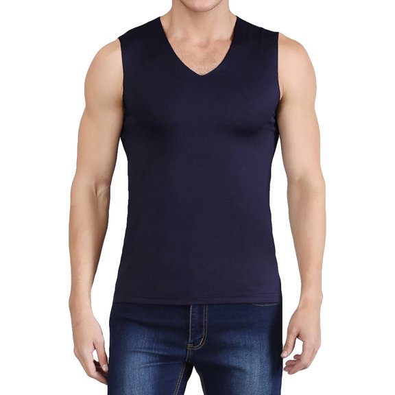 Nnhblu Men Tank Tops V-Neck Sleeveless Ice Silk,Traceless Breathable Shirts for Men Navy L