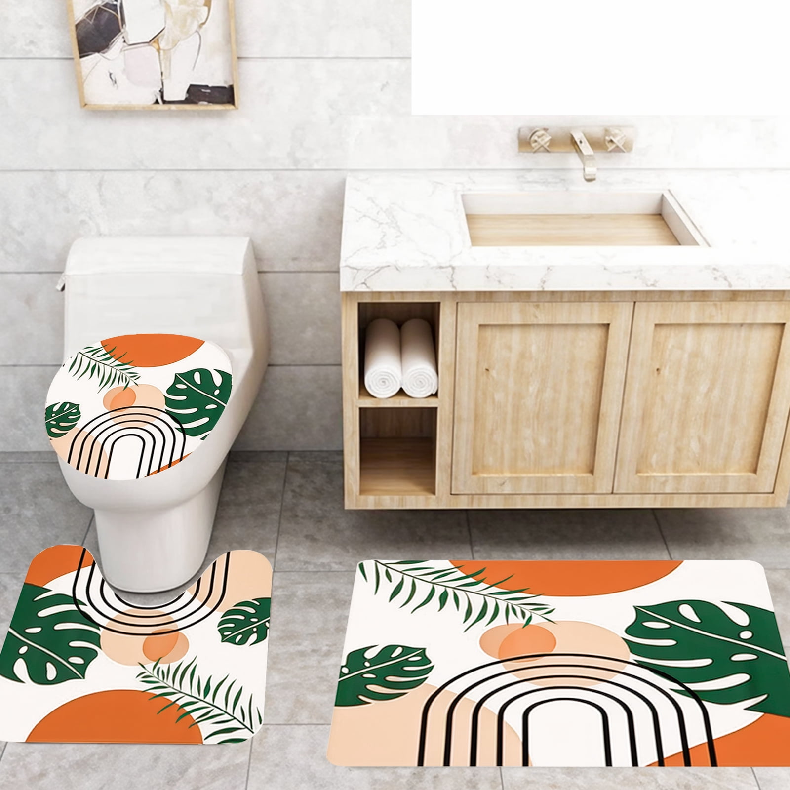 Dznils Abstract Boho Fabric Shower Curtain and Rug Sets, 16pc Modern Bathroom Sets, Brown, 72" x 72"