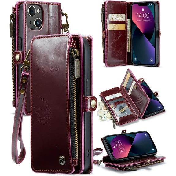 for iPhone 13 Wallet Case, for iPhone 13 Case Wallet for Women and Men, Luxury Vintage PU Leather Magnetic Flip Wrist Strap Zipper Card Holder Phone Cases for iPhone 13, Wine Red