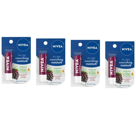 NIVEA Lip Balm, Blackberry Flavored Tinted Lip Balm Stick with Shea Butter and Jojoba Oil, 0.17 Oz, Pack of 4