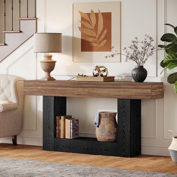 Finmind 2-Tier Console Table, Wooden Entryway Table, Living Room, Hallway, Rustic Brown & Black