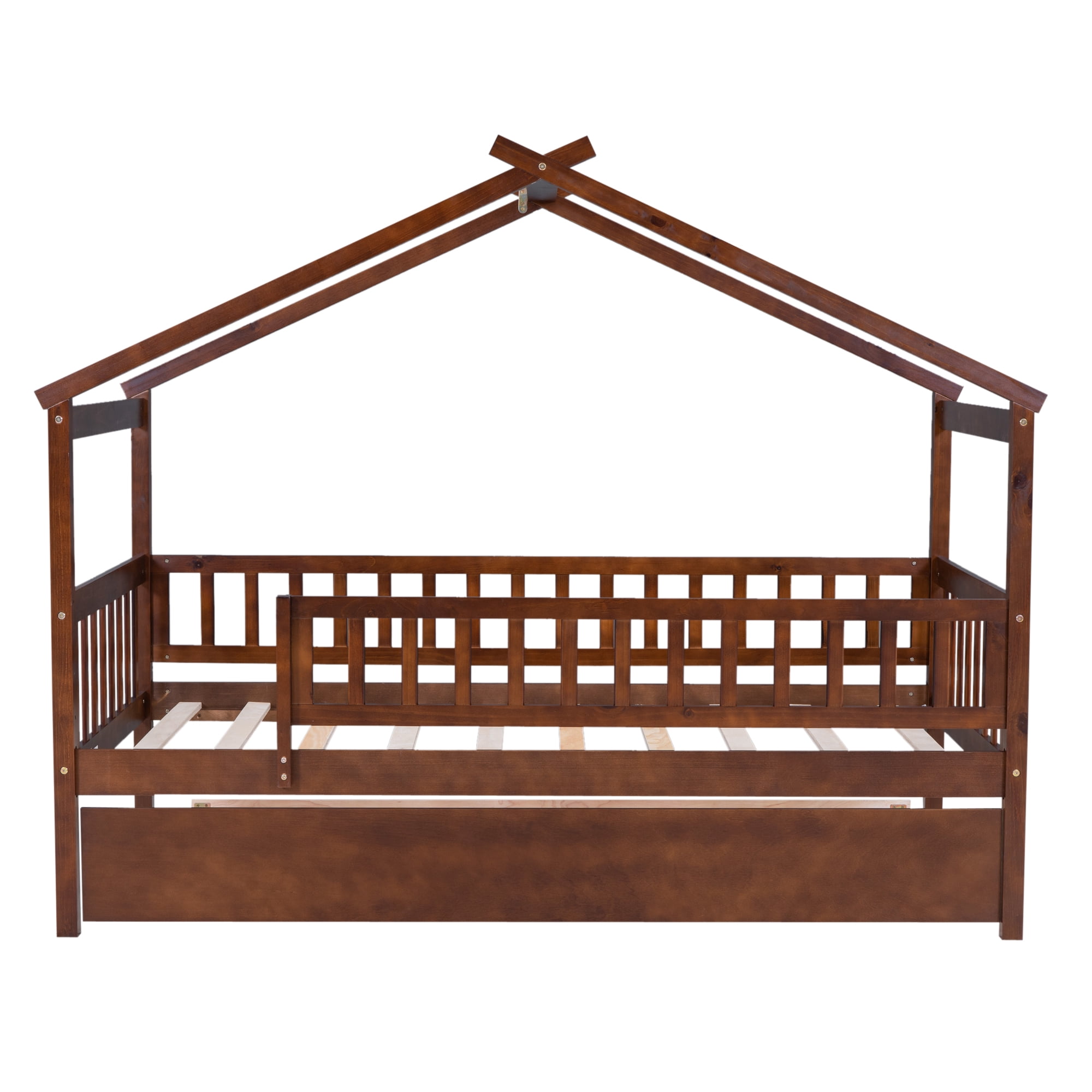 Gewnee Pine Wood Twin Size House Bed with Trundle and Roof for Kids,Walnut