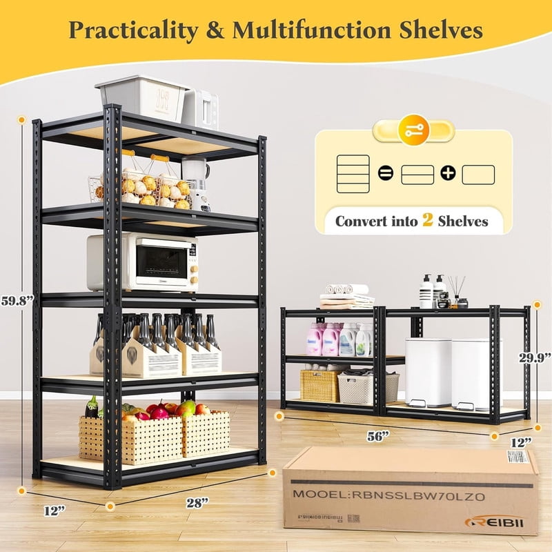Garage Storage Shelving Unit, Heavy Duty 5-Tier Adjustable Metal Shelves, Garage Organizer Storage Rack for Basement, Pantry, 60" H x 27.5" W x 11.8" D