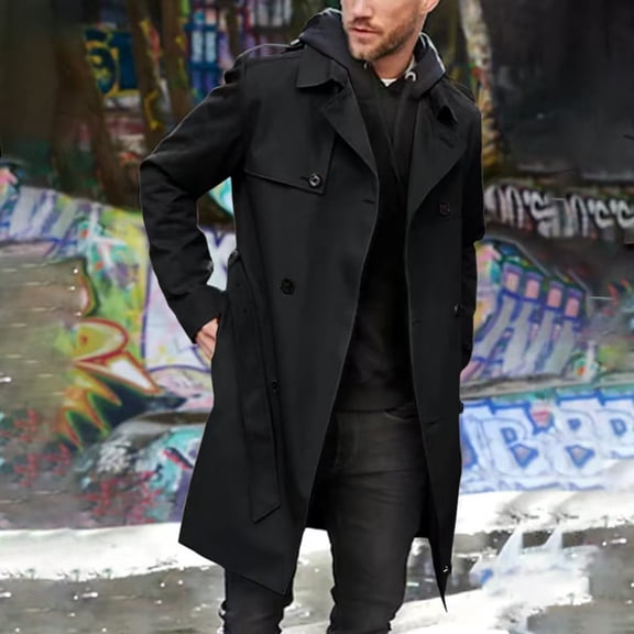 Men's Trench Coat Notched Lapel Belted Windbreaker Long Jacket Windproof Comfortable Durable Overcoat, M