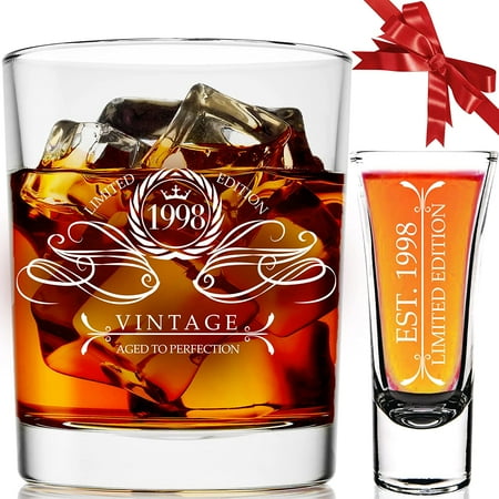 Vintage 1998 Aged To Perfection 25th Whiskey Glass + Shot Glass For Men 25th Birthday Gifts For Men Happy 25th Birthday Decorations For Him 25th Wedding Anniversary Decorations By PARIS PRODUCT CO